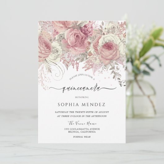 Silver & Blush Verzaubertes Party aus der Quincean Einladung (Stehend Vorderseite)