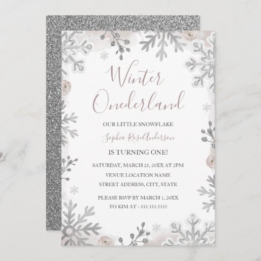 Silver Blush Winter Onederland 1. Geburtstag Einladung (Vorne/Hinten)