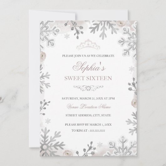 Silver Blush Winter Wonderland Sweet 16. Geburtsta Einladung (Vorderseite)