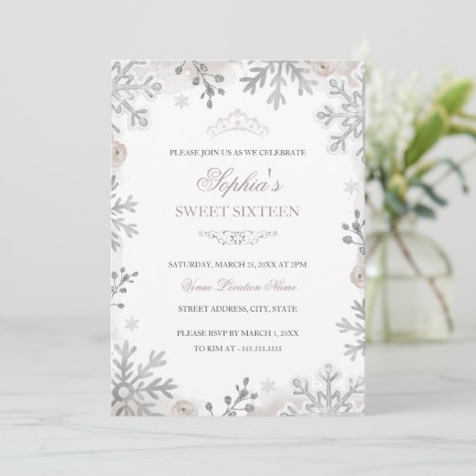 Silver Blush Winter Wonderland Sweet 16. Geburtsta Einladung (Stehend Vorderseite)