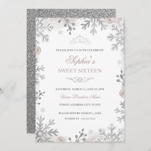 Silver Blush Winter Wonderland Sweet 16. Geburtsta Einladung (Vorne/Hinten)