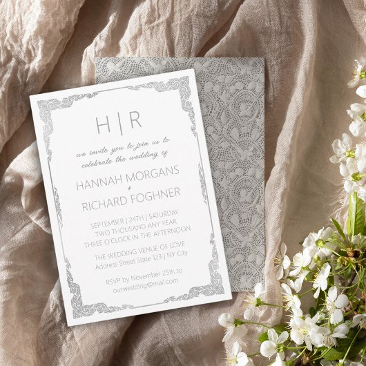 Silver Bohemisch Lace Simple Wedding Einladung