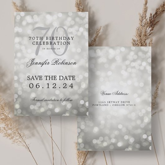 Silver Bokeh 70. Geburtstag Save the Date Einladung