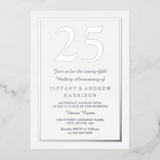 Silver Border 25. Hochzeitstag Silver Folieneinladung (Vorderseite)