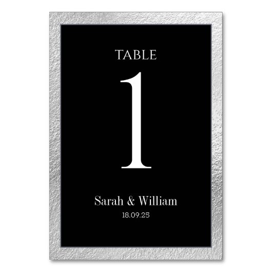 Silver Border Black Wedding Tischnummer (Rückseite)