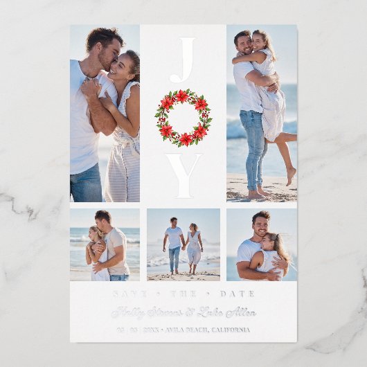 Silver Botanic Christmas Wreath Initials 5 Photos Folieneinladung (Vorderseite)