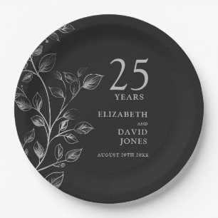 Silver Botanical Floral 25. Hochzeitstag Pappteller