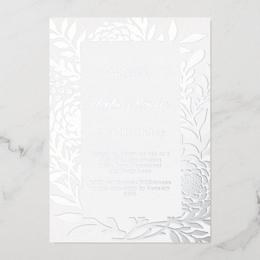 Silver botanical luxury winter birthday folieneinladung (Vorderseite)