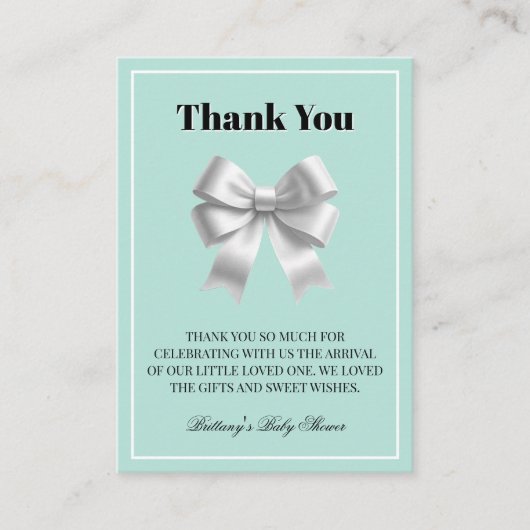 Silver Bow Aquamarin Blue Baby Dusche Vielen Dank Begleitkarte (Vorderseite)