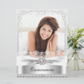 Silver Bow & Lace Quinceanera Einladung zum Geburt (Stehend Vorderseite)