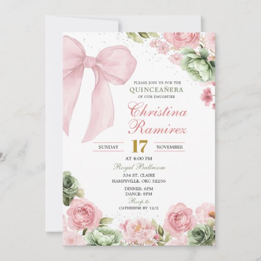 Silver Bow Sage Pink Coquette Floral Quinceanera Einladung (Vorderseite)