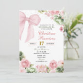Silver Bow Sage Pink Coquette Floral Quinceanera Einladung (Stehend Vorderseite)