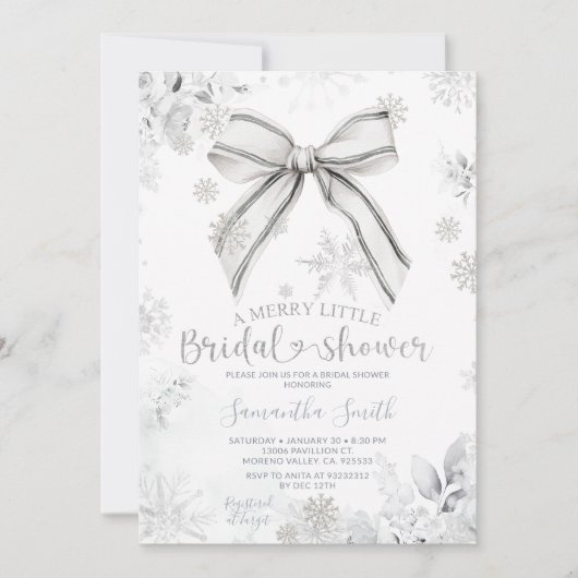 Silver Bow Winter A Merry Little Bridal Shower Einladung (Vorderseite)