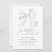 Silver Bow Winter Onederland 1st Birthday Einladung (Vorderseite)