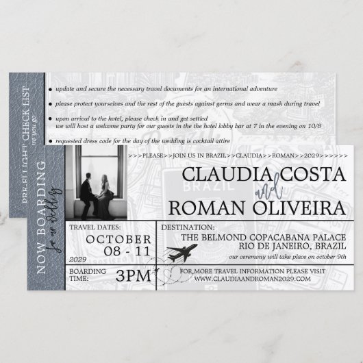 Silver Brazil Wedding Boarding Pass Einladung (Vorne/Hinten)