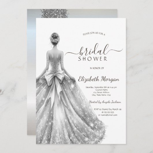 Silver Bridal Dress Silver Glitzer Brautparty Einladung (Vorne/Hinten)