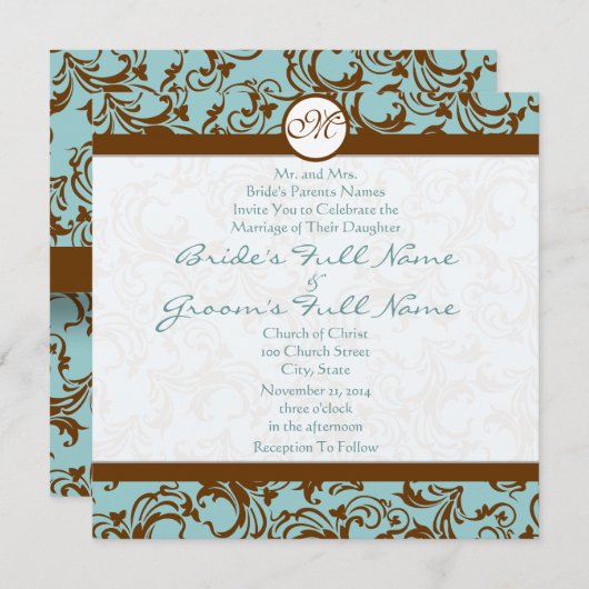 Silver Brown Damask Aqua Blue Wedding Einladung (Vorne/Hinten)