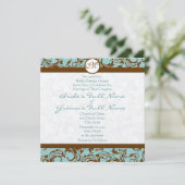 Silver Brown Damask Aqua Blue Wedding Einladung (Stehend Vorderseite)