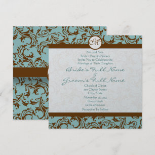 Silver Brown Damask Aqua Blue Wedding Einladung