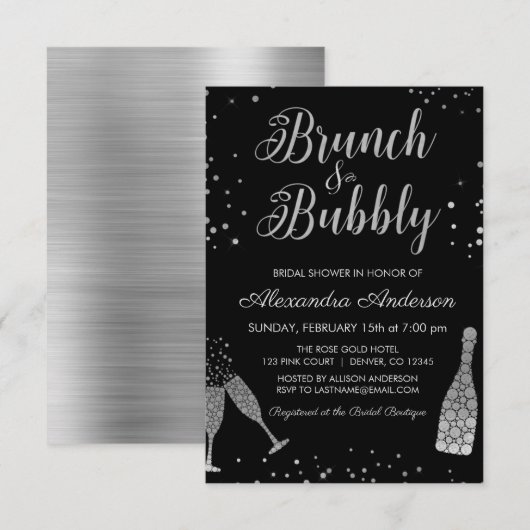 Silver Brunch & Bubbly Brautparty Einladung (Vorne/Hinten)