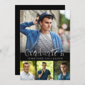 Silver Brush Graduate 4 Foto Collage Black Einladung (Vorne/Hinten)