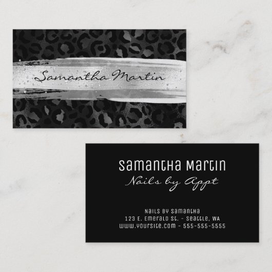 Silver Brush Stroke Black Foil Leopard Visitenkarte (Vorne/Hinten)