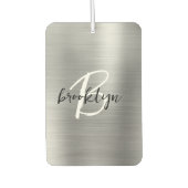 Silver Brushed Metal Black White Script Monogram Autolufterfrischer (Vorderseite)