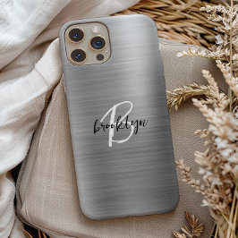 Silver Brushed Metal Black White Script Monogram  Case-Mate iPhone Hülle