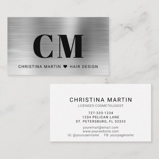 Silver Brushed Metal Bold Typografy Monogram Visitenkarte (Vorne/Hinten)