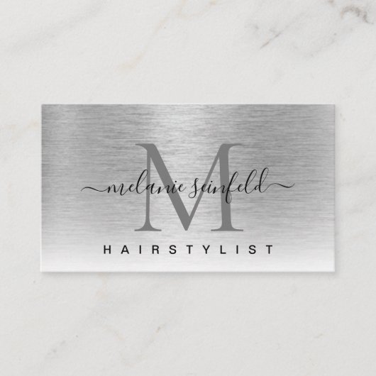 Silver Brushed Metal Elegant Monogram Modern Visitenkarte (Vorderseite)