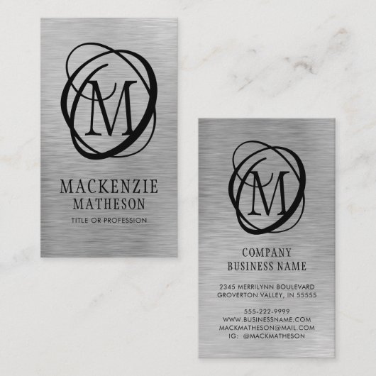 Silver Brushed Metal Elegant Monogram Visitenkarte (Vorne/Hinten)