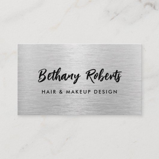 Silver Brushed Metal Moderne Skripthaare und Makeu Visitenkarte (Vorderseite)