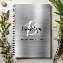 Silver Brushed Metal Monogram Rezept Book