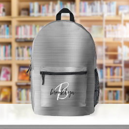 Silver Brushed Metal Schwarz-weiß Script Monogram Bedruckter Rucksack