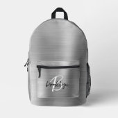 Silver Brushed Metal Schwarz-weiß Script Monogram Bedruckter Rucksack (Vorderseite)
