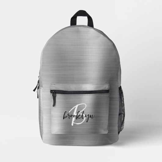 Silver Brushed Metal Schwarz-weiß Script Monogram Bedruckter Rucksack (Vorderseite)