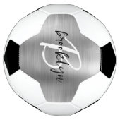 Silver Brushed Metal Schwarz-weiß Script Monogram Fußball (Gedreht)