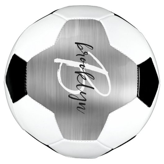 Silver Brushed Metal Schwarz-weiß Script Monogram Fußball (Gedreht)