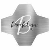 Silver Brushed Metal Schwarz-weiß Script Monogram Fußball (Flach)