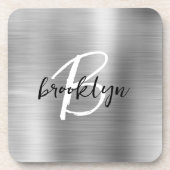 Silver Brushed Metal Schwarz-weiß Script Monogram Getränkeuntersetzer (Vorderseite)