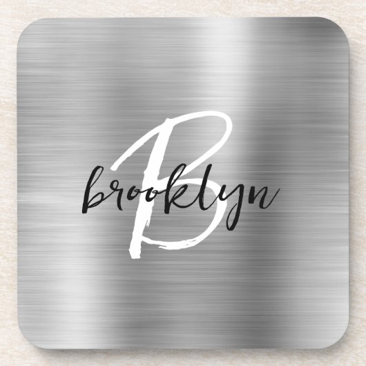 Silver Brushed Metal Schwarz-weiß Script Monogram Getränkeuntersetzer (Vorderseite)