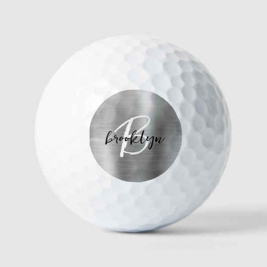 Silver Brushed Metal Schwarz-weiß Script Monogram Golfball (Vorderseite)