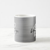 Silver Brushed Metal Schwarz-weiß Script Monogram Kaffeetasse (Mittel)