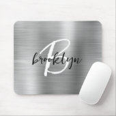 Silver Brushed Metal Schwarz-weiß Script Monogram Mousepad (Mit Mouse)