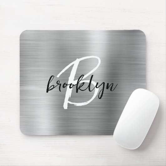 Silver Brushed Metal Schwarz-weiß Script Monogram Mousepad (Mit Mouse)