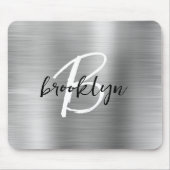 Silver Brushed Metal Schwarz-weiß Script Monogram Mousepad (Vorne)