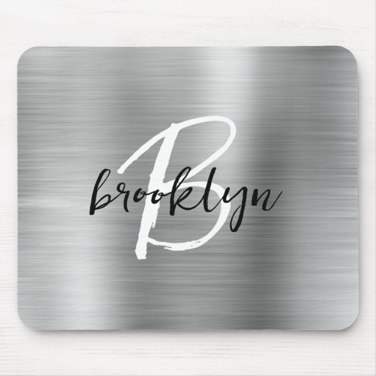 Silver Brushed Metal Schwarz-weiß Script Monogram Mousepad (Vorne)