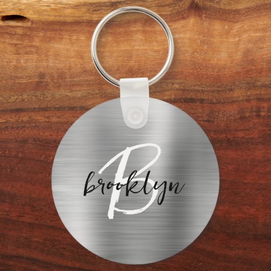 Silver Brushed Metal Schwarz-weiß Script Monogram Schlüsselanhänger (Rückseite)