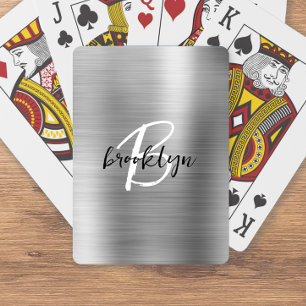 Silver Brushed Metal Schwarz-weiß Script Monogram Spielkarten