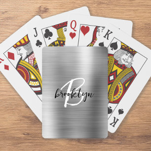 Silver Brushed Metal Schwarz-weiß Script Monogram Spielkarten